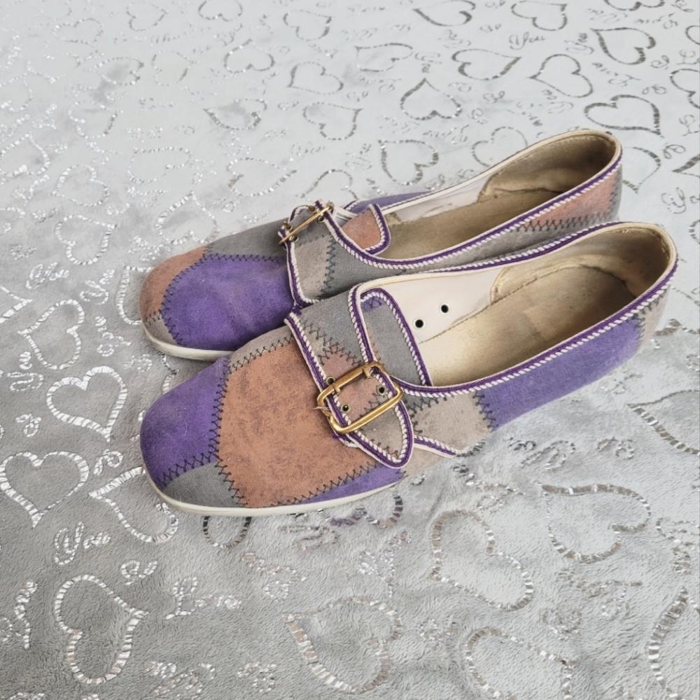 Vintage Bowling Shoes Brunswick Patchwork Purple Brown Gray Buckle Stitched 9